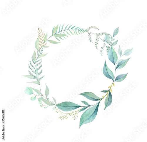 Watercolor leaf wreath. Floral background hand painted.