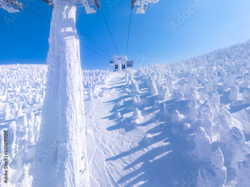 Passing through ice monsters (soft rime) plateau with cable car. (Zao-onsen ski resort, Yamagata, Japan) photo