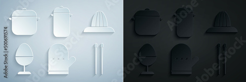 Set Oven glove, Citrus fruit juicer, Chicken egg on a stand, Food chopsticks, Cooking pot and icon. Vector