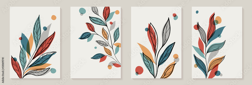 Creative minimalist Abstract art background with leaves branch and Hand Drawn doodle Scribble floral plants. Abstract leaf. Design wall decoration, postcard, poster or brochure
