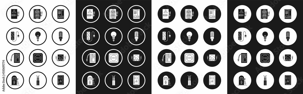 Set Car battery, Light bulb with concept of idea, Electric extension cord, Electrical panel, LED light, Ampere meter, multimeter, voltmeter and Battery icon. Vector Set Car battery, Light bulb with concept of idea, Electric extension cord, Electrical panel, LED light, Ampere meter, multimeter, voltmeter and Battery icon. Vector