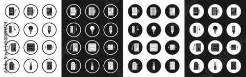 Set Car battery, Light bulb with concept of idea, Electric extension cord, Electrical panel, LED light, Ampere meter, multimeter, voltmeter and Battery icon. Vector