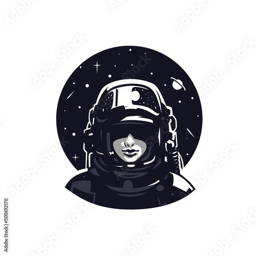 A female astronaut in a helmet hiding her eyes. Against the background of space, stars, planets that are reflected in the protective glass of the helmet.