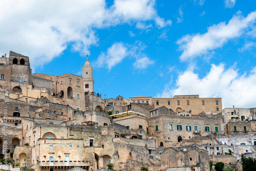 Horizontal View of the City of Matera on Blue Sky Background