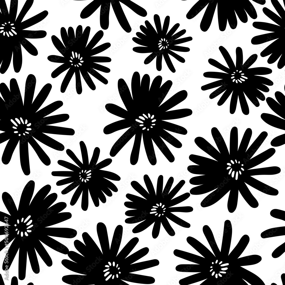 Seamless floral pattern based on traditional folk art ornaments. Black flowers on white background. Scandinavian style. Sweden nordic style. Monochrome vector illustration for textile, wallpaper Seamless floral pattern based on traditional folk art ornaments. Black flowers on white background. Scandinavian style. Sweden nordic style. Monochrome vector illustration for textile, wallpaper