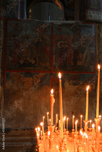 Candlelight in The Svetitskhoveli Cathedral in Mtskheta, Georgia