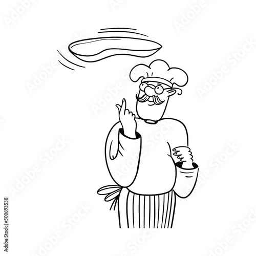 Pizza dough flying and pizzaiolo hands sketch engraving vector illustration. Black and white pizza maker illustration. Pizzeria vector illustration. Pizzaiolo chef.