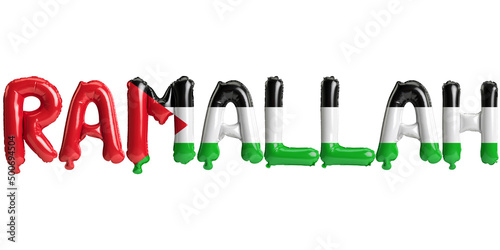 3d illustration of Ramallah capital balloons with Palestine flags color isolated on white