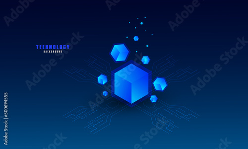 Vector realistic 3d cubes with blue glowing on dark blue background.