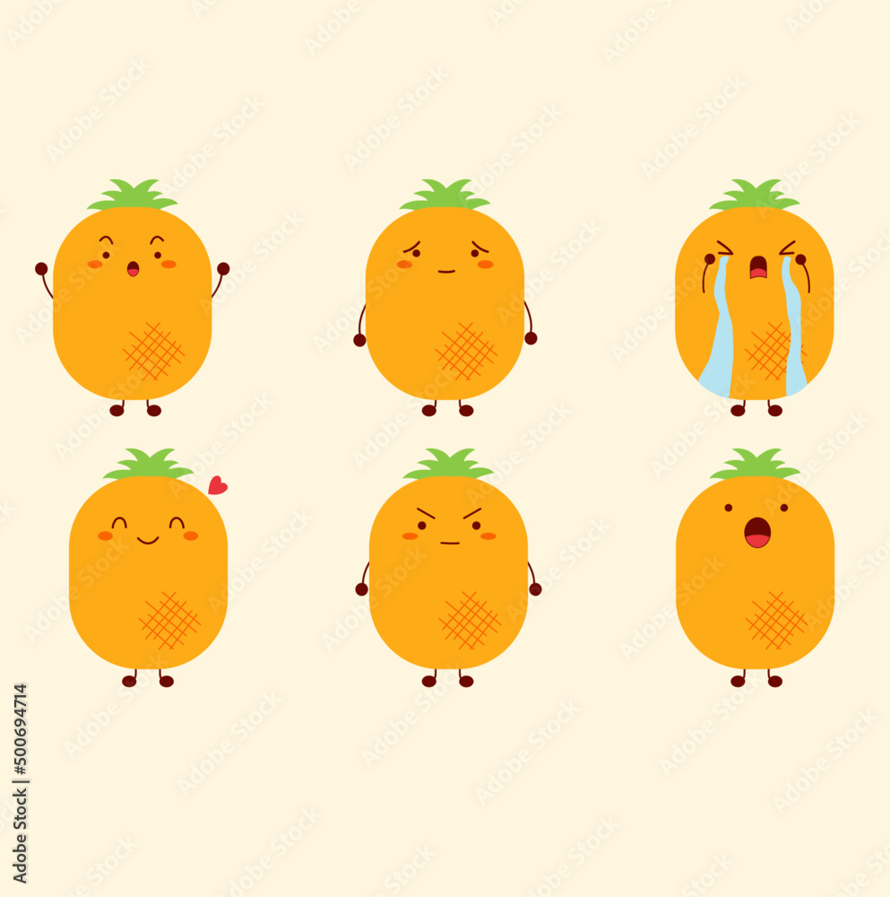 Fototapeta premium Pineapple character. Many emotions cartoon. Martial, dismal, cry, smile, happy, angry and surprised.
