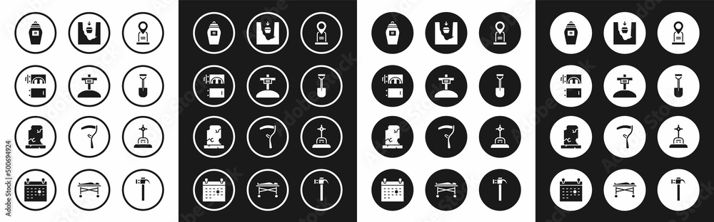 Set Location grave, Grave with cross, Crematorium, Funeral urn, Shovel, Coffin in, and Old tombstone icon. Vector