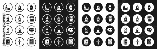 Set Funeral urn, Grave with tombstone, Church building, Crematorium, Skull and Location grave icon. Vector