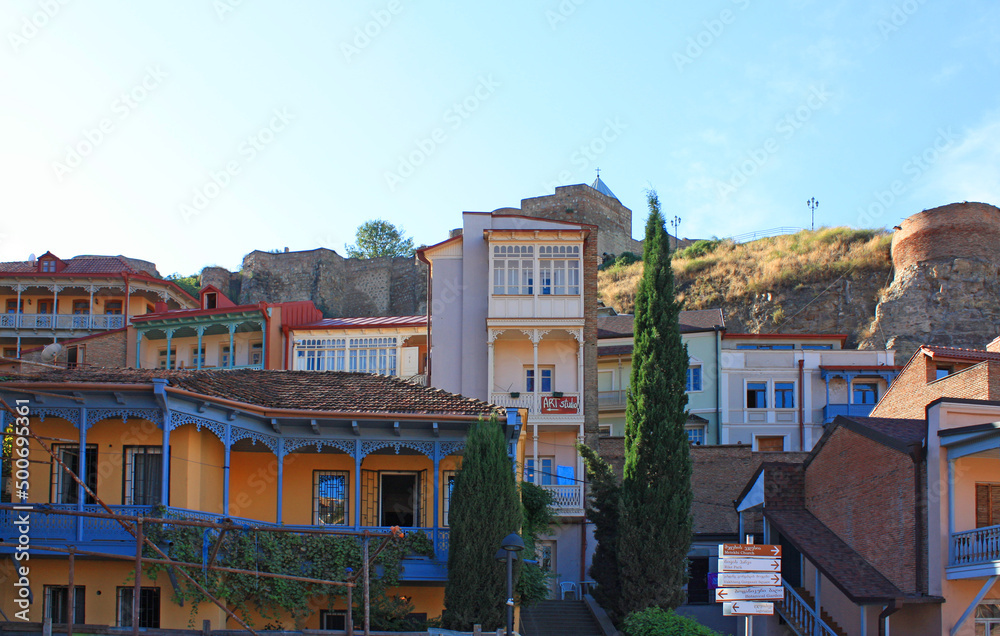 Traditional Georgian city houses in downtown in Tbilisi, Georgia