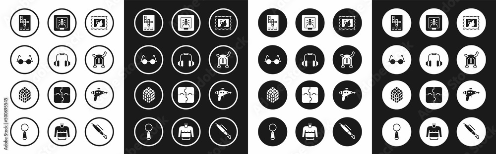 Set Postal stamp, Headphones, Eyeglasses, Crossword, Viking in horned helmet, Insects frame, Ray gun and Rubik cube icon. Vector