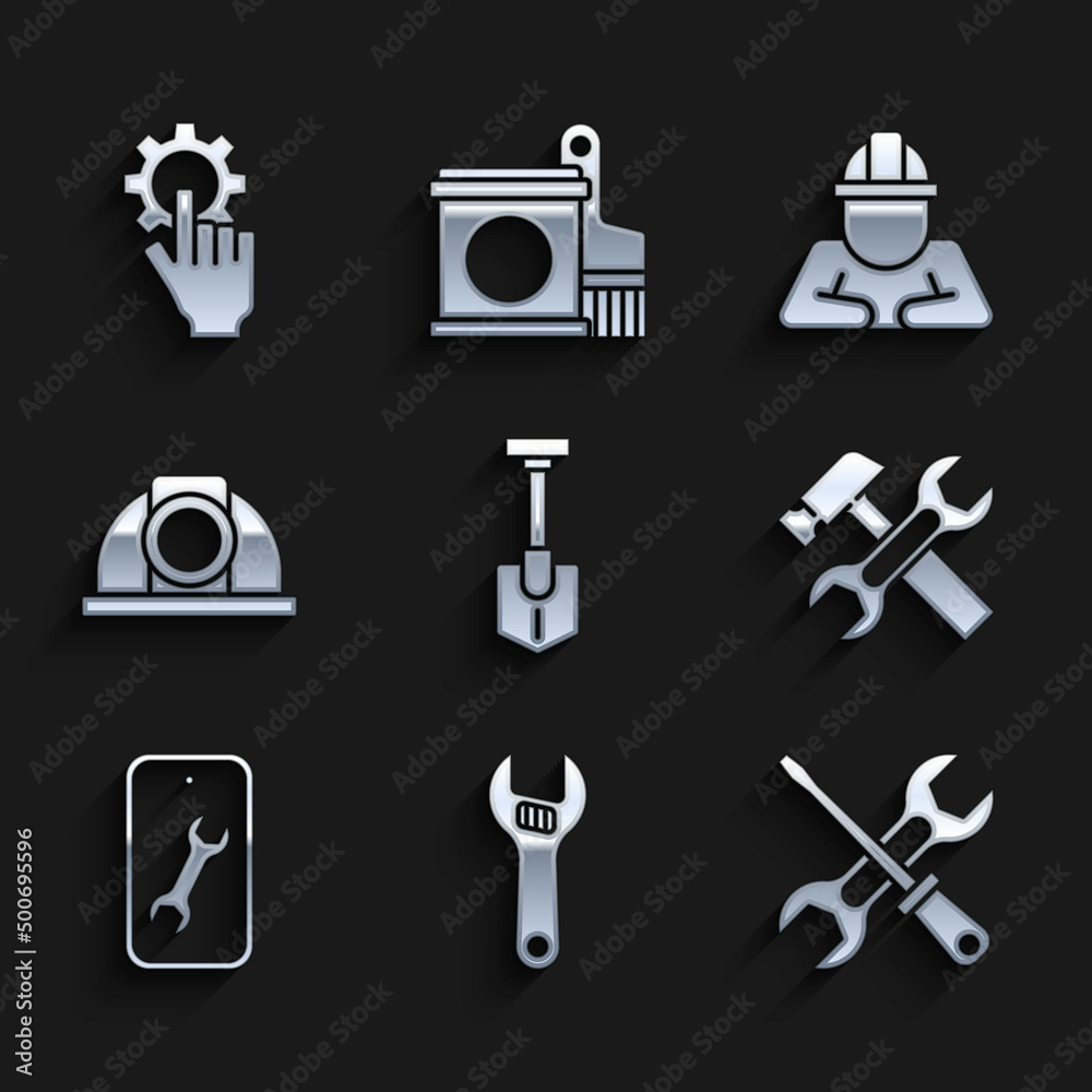 Set Shovel, Adjustable wrench, Screwdriver and, Hammer, Mobile service, Worker safety helmet, Builder and Settings in the hand icon. Vector Set Shovel, Adjustable wrench, Screwdriver and, Hammer, Mobile service, Worker safety helmet, Builder and Settings in the hand icon. Vector