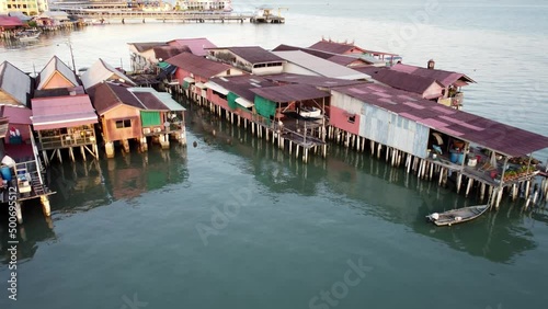 Aerial view traditional wooden stilt clan jetty at Penang photo