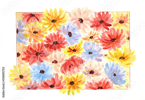 art illustration oil painting : bouquet of flowers top view