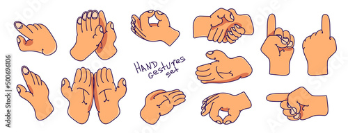 Cartoon hand-drawn different hand gestures set. Flat icons. Vector illustration Eps 10