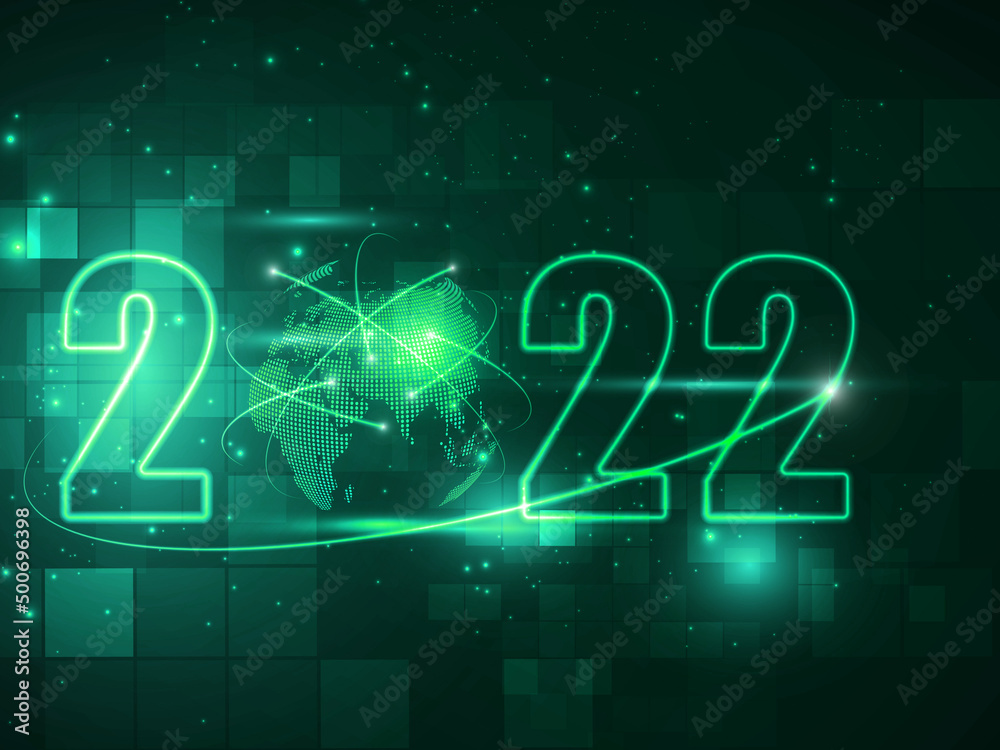 Happy new year 2022 banner design. Happy new year 2022 on space background. Futuristic Happy new year 2022 banner design. Happy new year 2022 on space background. Futuristic