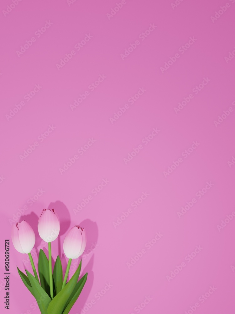 A bouquet of pink tulips placed at one point on a simple plain pink background.3D Render A bouquet of pink tulips placed at one point on a simple plain pink background.3D Render