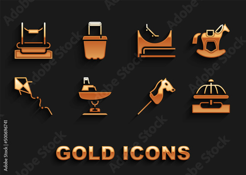 Set Swing boat, Horse saddle swing, Attraction carousel, Toy horse, Kite, Skate park, Bungee and Sand bucket icon. Vector