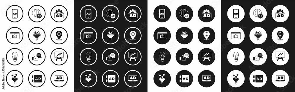 Set Advertising, Lead management, Customer product rating, Target, Board with graph chart and Light bulb concept of idea icon. Vector