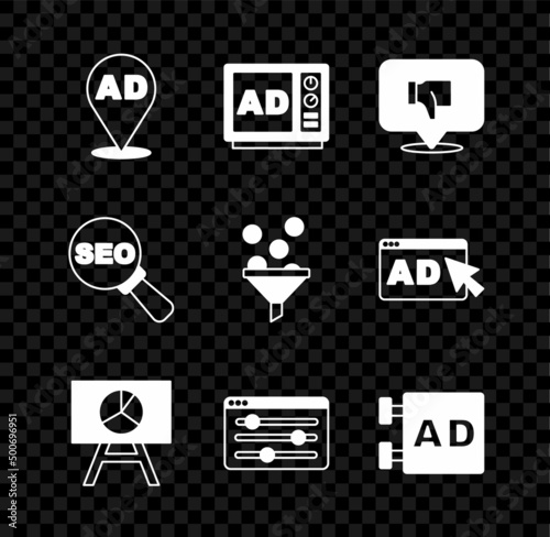 Set Advertising, Dislike speech bubble, Board with graph chart, Browser setting, SEO optimization and Lead management icon. Vector