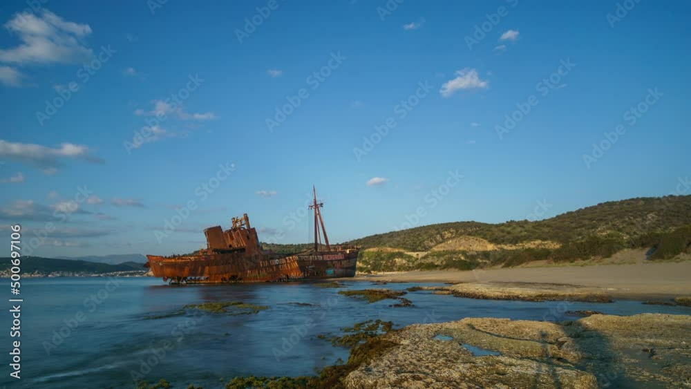 Time lapse of golden hour in the morning of ship wreck Dimitrios, Gythio, Laconia, Mani, Peloponnese, Greece Time lapse of golden hour in the morning of ship wreck Dimitrios, Gythio, Laconia, Mani, Peloponnese, Greece