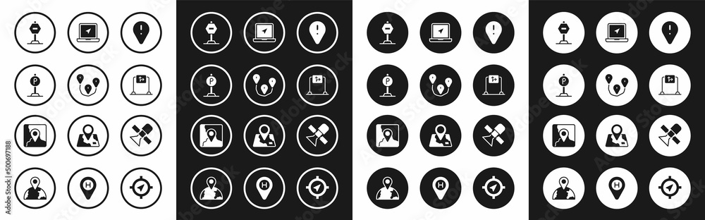 Set Location with exclamation mark, Route location, Parking, Stop sign, Road traffic, Laptop marker, Satellite and Folded map icon. Vector