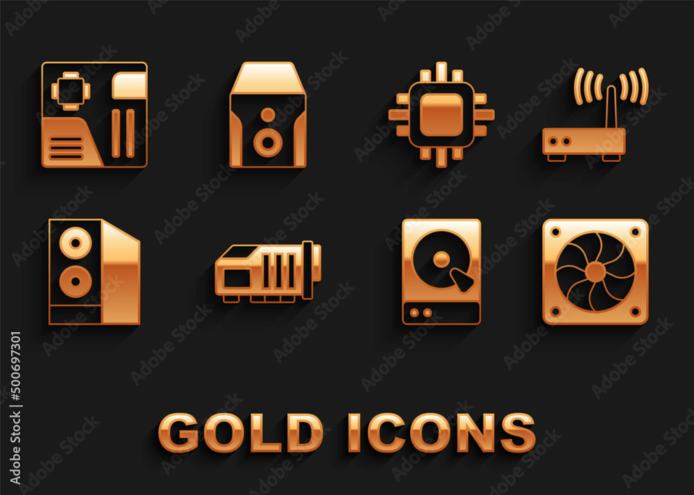Set Video graphic card, Router and wi-fi signal, Computer cooler, Hard disk drive HDD, Case of computer, Processor with CPU, Motherboard digital chip and Uninterruptible power supply icon. Vector Set Video graphic card, Router and wi-fi signal, Computer cooler, Hard disk drive HDD, Case of computer, Processor with CPU, Motherboard digital chip and Uninterruptible power supply icon. Vector