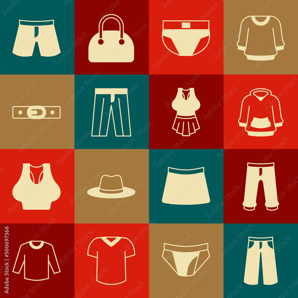 Set Pants, Hoodie, Men underpants, Belt, Short or and Undershirt icon. Vector Set Pants, Hoodie, Men underpants, Belt, Short or and Undershirt icon. Vector
