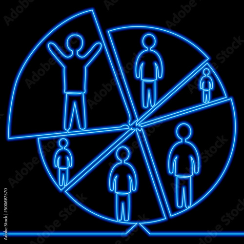 Continuous line drawing pie chart people trade market neon concept