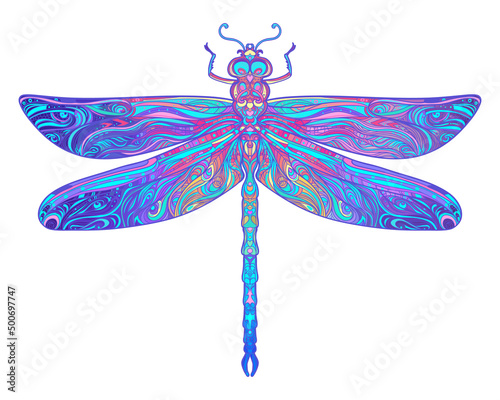 Ornate colorful dragonfly. Ethnic patterned vector illustration. African, indian, totem, tribal, design. Sketch for tattoo, posters, t-shirt print, fabric design. Totem animal