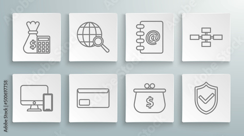 Set line Computer monitor and mobile phone, Envelope, Wallet dollar symbol, Shield check mark, Address book, Business hierarchy organogram chart infographics and Calculator money bag icon. Vector