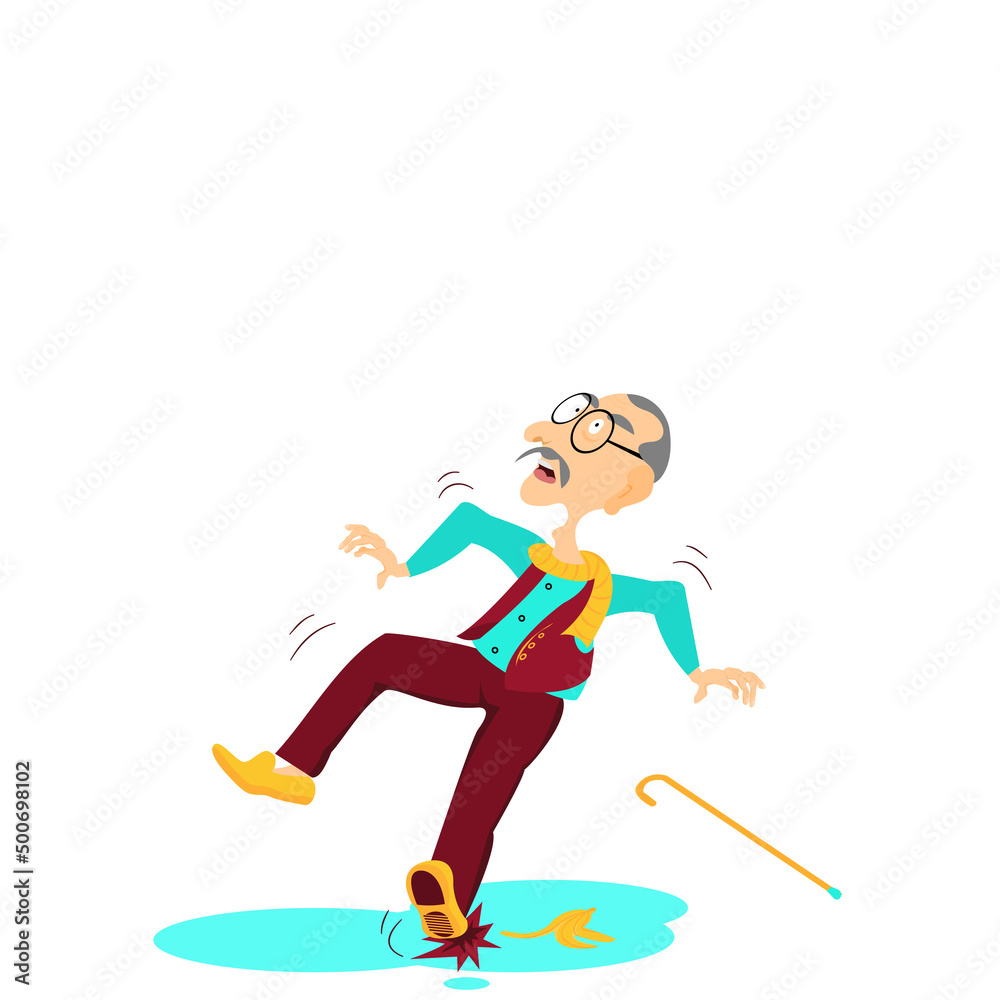 One Older glabrous man falling accident. An Elderly grey hair man step on the banana peel and slip and fall on white background. Vector isolate flat cartoon characters design concept for Healthcare. One Older glabrous man falling accident. An Elderly grey hair man step on the banana peel and slip and fall on white background. Vector isolate flat cartoon characters design concept for Healthcare.