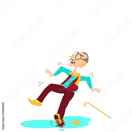 One Older glabrous man falling accident. An Elderly grey hair man step on the banana peel and slip and fall on white background. Vector isolate flat cartoon characters design concept for Healthcare.