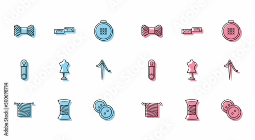 Set line Knitting, Sewing thread on spool, button for clothes, Mannequin, Needle sewing with, Classic closed steel safety pin and Tape measure icon. Vector