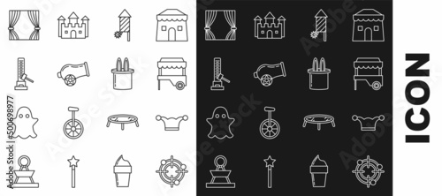 Set line Target sport for shooting competition, Fast street food cart awning, Firework rocket, Cannon, High striker attraction big hammer, Curtain and Magician and rabbit ears icon. Vector