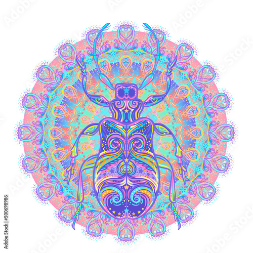 Ornate colorful beetle over mandala pattern, isolated vector illustration. Ta...