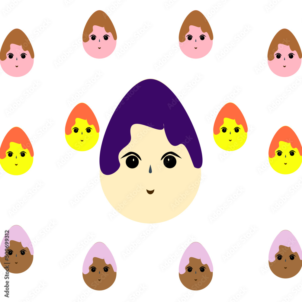 Easter eggs, multicolored, with faces, hairstyles on a white background. Easter eggs, multicolored, with faces, hairstyles on a white background.