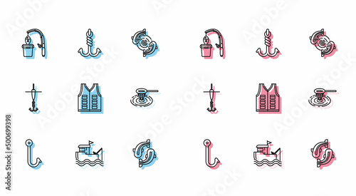 Set line Fishing hook, boat with fishing rod on water, and, jacket, net, float and icon. Vector