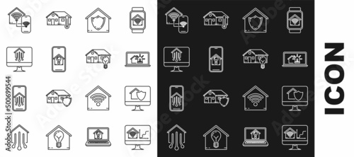 Set line Computer monitor with smart home with wi-fi, house under protection, Laptop and alarm, House, Mobile phone light bulb, Smart and icon. Vector