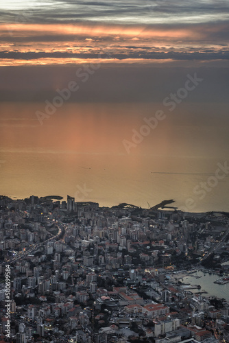 Kaslik and Jounieh cities, evening view from Marian shrine of Our Lady of Lebanon in Harissa photo