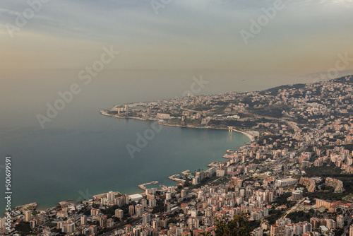 Fototapeta Naklejka Na Ścianę i Meble -  Jounieh and Tabarja cities, aerial view from Marian shrine of Our Lady of Lebanon in Harissa