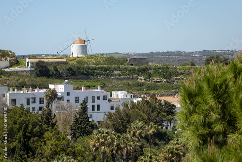 View of Vejer de la frontera, Cadiz, Spain. Windmill in one of the white villages in Andalusia.