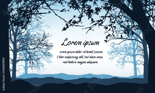 Flat design illustration of landscape with trees and branches. Space for your text in the blue sky, vector