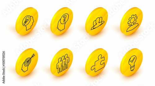 Set line Light bulb and check mark, Piece of puzzle, Users group, Head hunting concept, Human with gear inside, head question and lamp icon. Vector