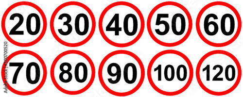 All of the speed limit traffic signs on different road