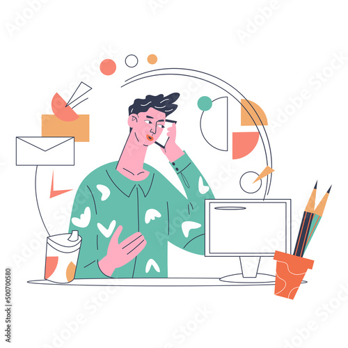 Businessman working at computer in office or home flat vector isolated on white. Programmer, business analyst or manager at work answering phone calls and working with files and documents.