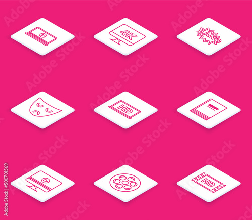 Set line Online play video, Computer PC monitor with 4k technology, Bang boom text speech bubble balloon, Drama theatrical mask, Laptop screen HD, Scenario, and Film reel icon. Vector